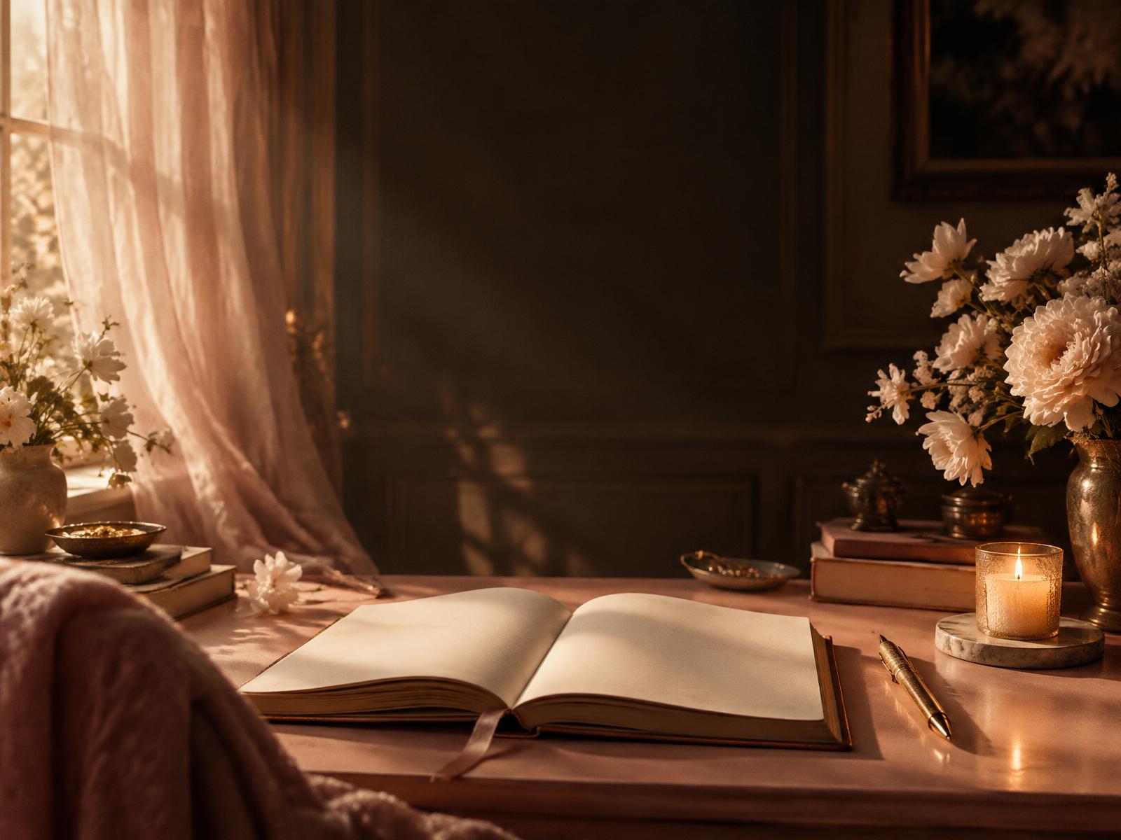 An open journal on a blush writing desk in warm morning light